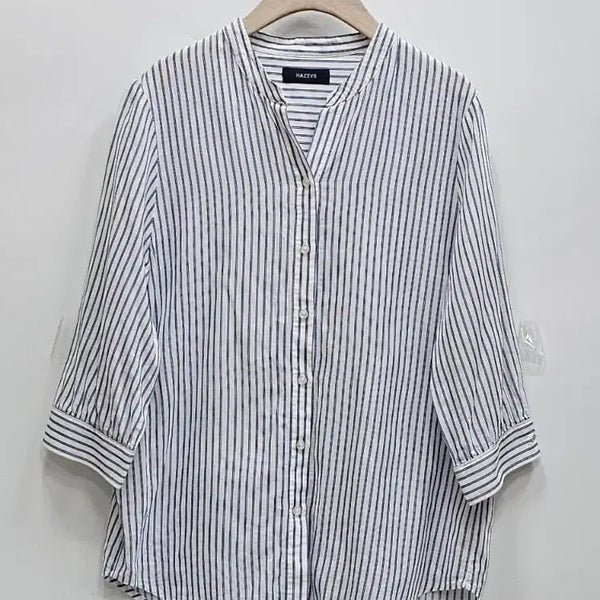 [BUNJANG] HAZZYS Striped 3/4 Sleeve Shirt Blouse / HAZZYS 헤지스 스트라이프 칠부소매 셔츠 블라우스 / 여 90 화이트 네이비
