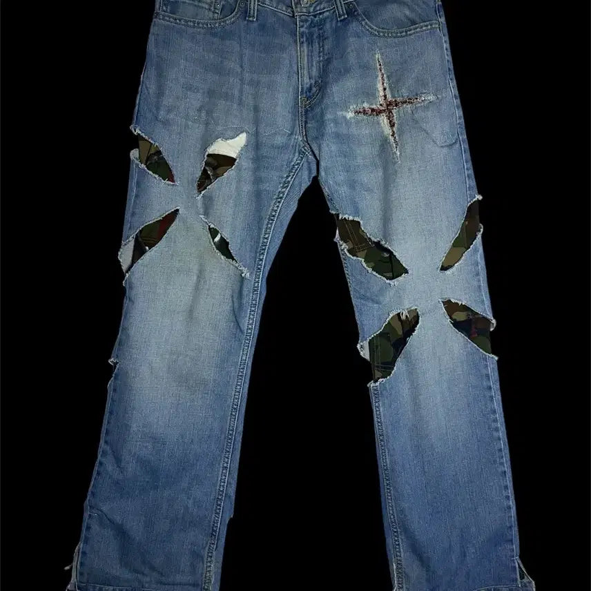 [BUNJANG] Levi's x 4CH1TYPE Celandine Cut-Off Camouflage Layered Boro Denim Pants / [31] 리바이스 x 아키타입 셀란다인 컷-오프 카모플라쥬 레이어드 보로 데님 팬츠