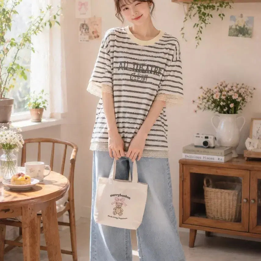 [BUNJANG] Sheer Stripe Lace Detail T-Shirt / 시스루 티셔츠