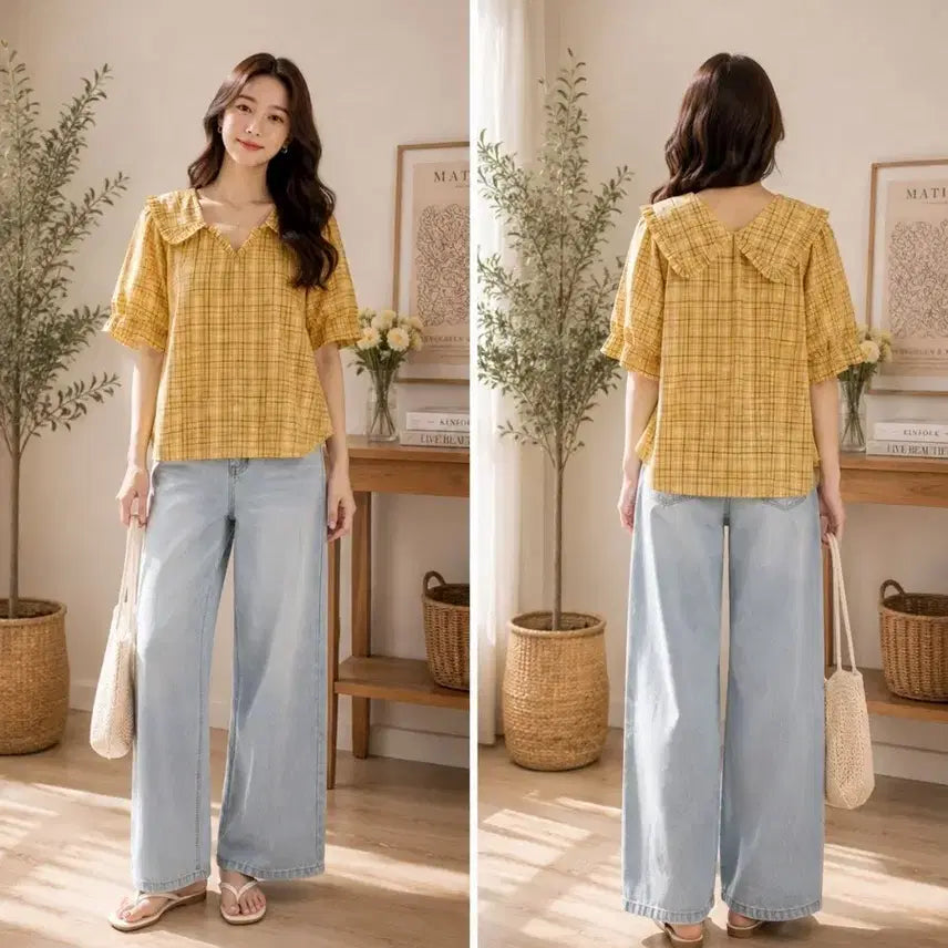 [BUNJANG] Yellow Checkered Frill Collar Blouse / 체크 무늬 프릴 칼라 블라우스 옐로우
