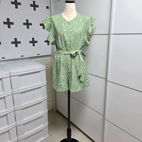 [BUNJANG] Flower Print Shorts Jumpsuit (Green) / (새제품)플라워 반바지 점프수트(그린)