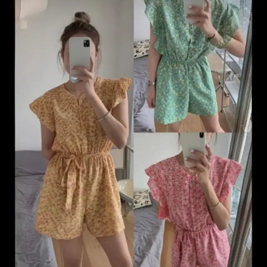 [BUNJANG] Flower Pattern Shorts Jumpsuit (Yellow) / (새제품)플라워 반바지 점프수트(옐로우)