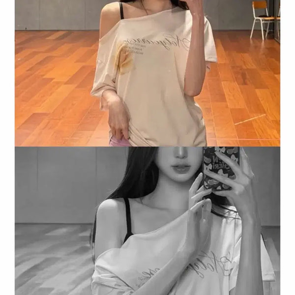 [BUNJANG] NOT YOUR ROSE Rose Graphic One-Shoulder T-Shirt (Pink) / 새상품) 낫유어로즈 Rose graphic one-shoulder t-shirts (Pink)