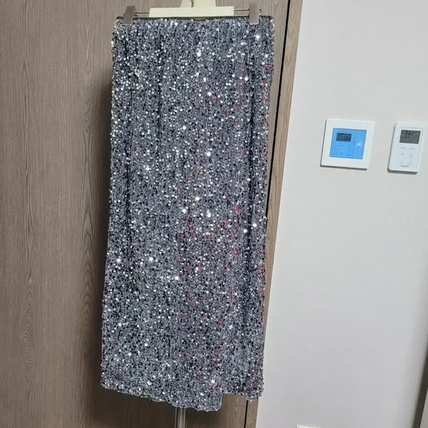 [BUNJANG] Dint Silver Sequin Long Skirt (Free Size) / 딘트 실버 스팽글 롱 스커트 밴딩 free