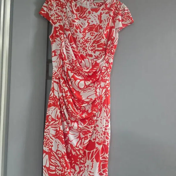 [BUNJANG] Orange White Flower Pattern Midi Dress / 오렌지 화이트 플라워 패턴 원피스