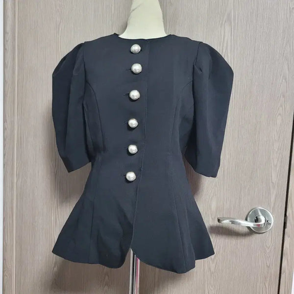 [BUNJANG] Dint Black Puff Sleeve Pearl Button Jacket / 딘트 블랙 퍼프 소매 진주 단추 자켓