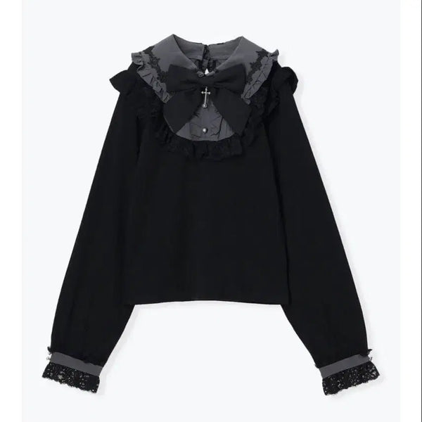 [BUNJANG] NOEMIE Gothic Rose York Ribbon Blouse Black M / NOEMIE 노에미 고딕 로즈 요크 리본 블라우스 블랙 M + 브로치