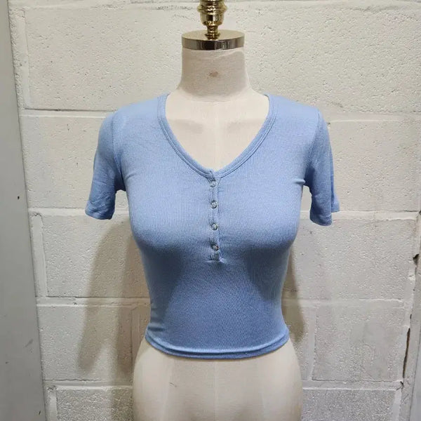 [BUNJANG] V-Neck Snap Button Cropped Knit Short Sleeve T-Shirt - Sky Blue / 브이넥 똑딱단추 크롭 잔골지 부드러운 반팔- 하늘색