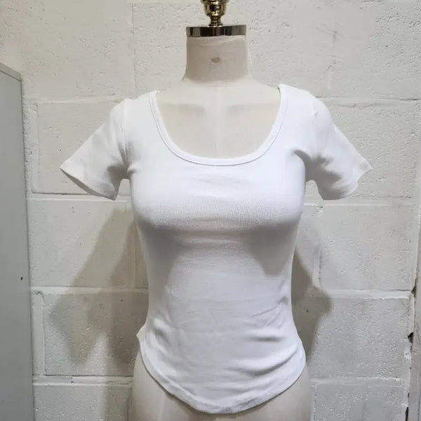 [BUNJANG] Basic Round Neck Short Sleeve T-Shirt - White / 밑단u 라운드 기본면 무지 반팔1- 화이트