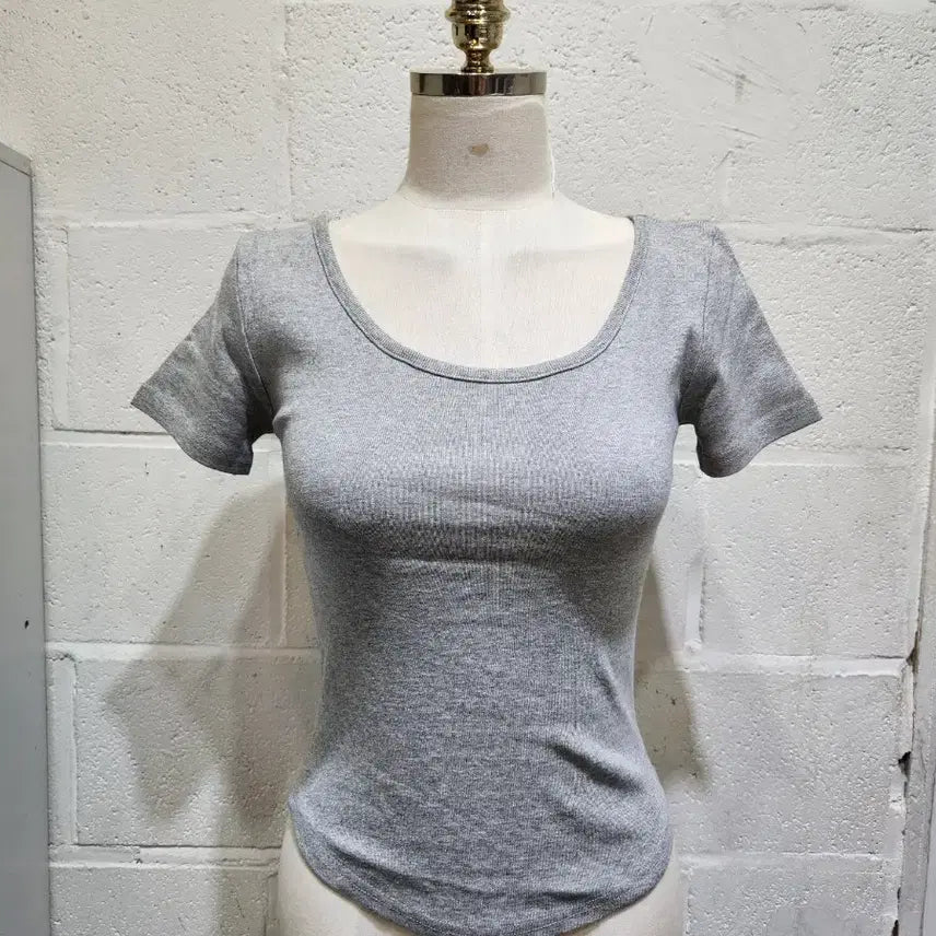 [BUNJANG] Basic Round Neck Cotton Short Sleeve T-Shirt - Grey / 밑단u 라운드 기본면 무지 반팔1- 그레이