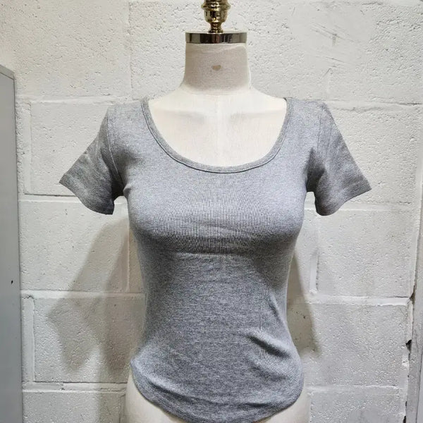 [BUNJANG] Basic Round Neck Cotton Short Sleeve T-Shirt - Grey / 밑단u 라운드 기본면 무지 반팔1- 그레이