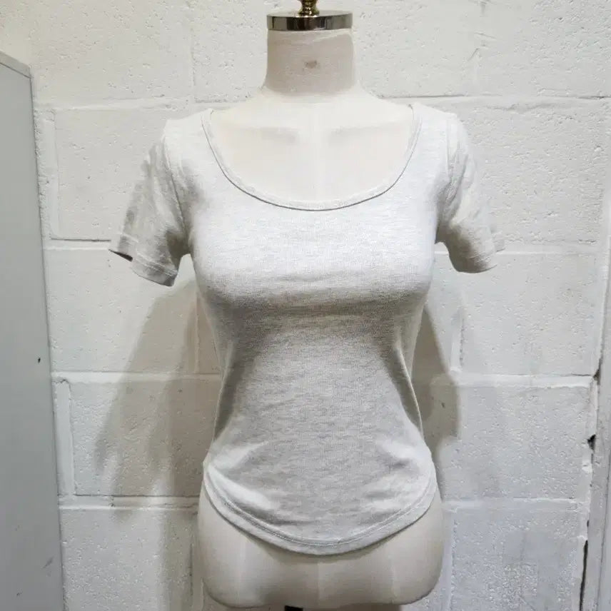 [BUNJANG] Basic Cotton Round Neck Short Sleeve T-Shirt - Heather Beige / 밑단u 라운드 기본면 무지 반팔1- 멜란지베이지