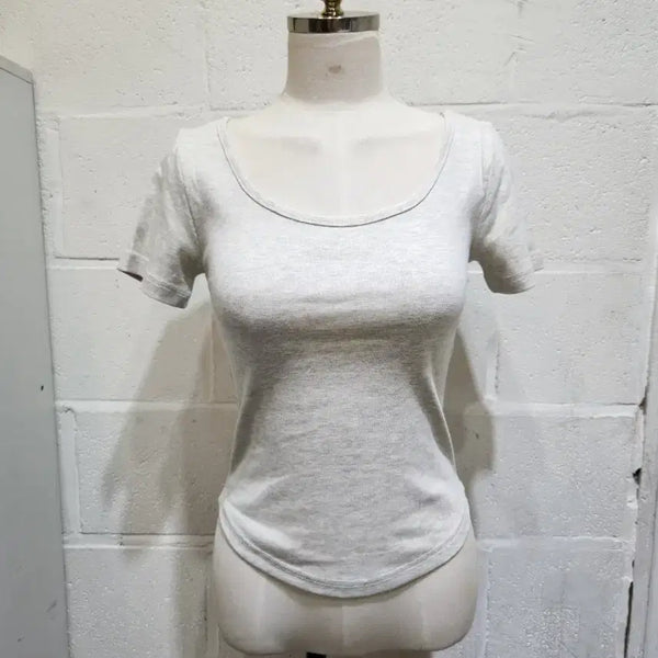 [BUNJANG] Basic Cotton Round Neck Short Sleeve T-Shirt - Heather Beige / 밑단u 라운드 기본면 무지 반팔1- 멜란지베이지