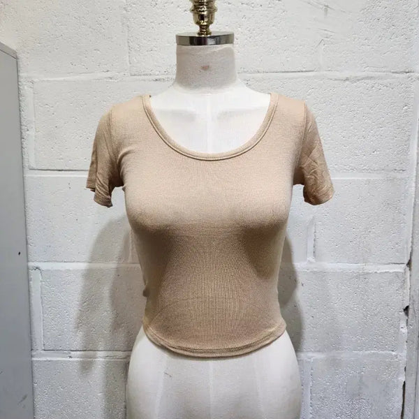 [BUNJANG] Round Neck Cropped Ribbed Short Sleeve T-Shirt - Beige / 앞뒤 라운드 크롭 잔골지 반팔- 베이지