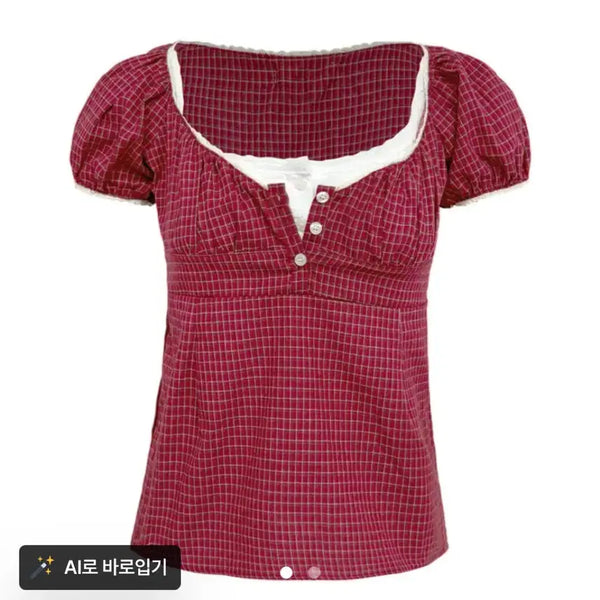 [BUNJANG] Cozy & Kitci Vienna Check Puff Blouse / 에이블리 코지앤키치 비엔나 체크 퍼프 블라우스