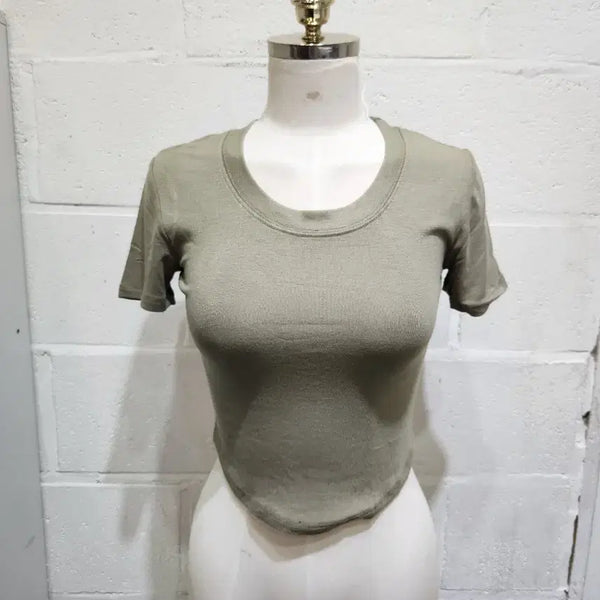 [BUNJANG] U-Neck Cropped Short Sleeve T-Shirt - Khaki / 밑단u 크롭 유넥 반팔- 카키