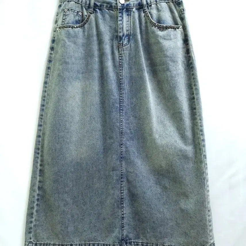 [BUNJANG] Jeweled Washed Denim Long Skirt / 예쁜큐빅 워싱 중청 데님 롱 스커트  청치마