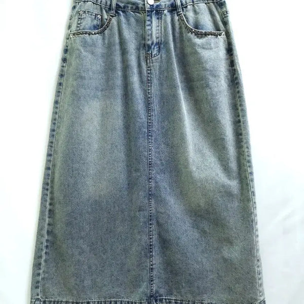 [BUNJANG] Jeweled Washed Denim Long Skirt / 예쁜큐빅 워싱 중청 데님 롱 스커트  청치마