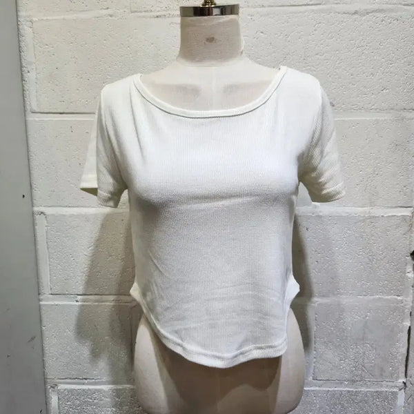 [BUNJANG] U-Hem Cropped Ribbed Short Sleeve T-Shirt - Ivory / 밑단u 반크롭 앞뒤라운드 골지 반팔- 아이보리