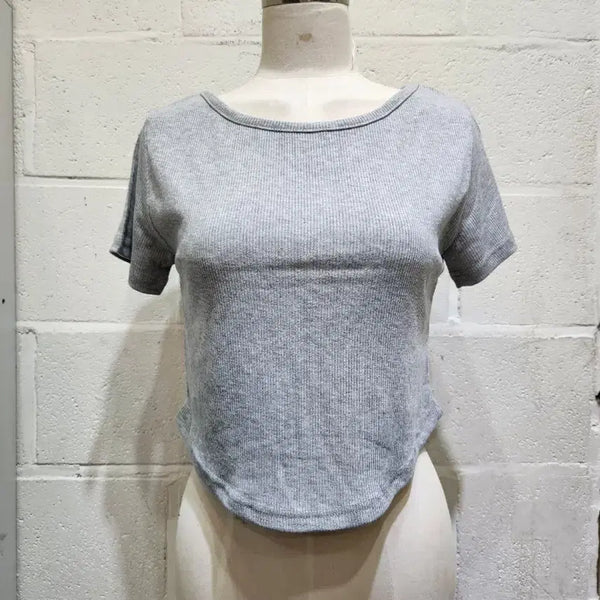 [BUNJANG] Ribbed Half-Crop T-Shirt with Round Hem - Gray / 밑단u 반크롭 앞뒤라운드 골지 반팔- 그레이