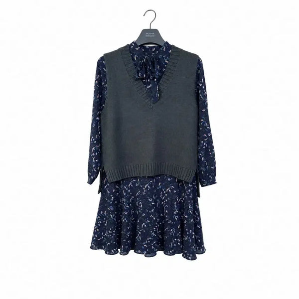 [BUNJANG] H CONNECT Flower Print Midi Dress & Knit Vest Set / 플라워 원피스 & 니트 조끼 세트