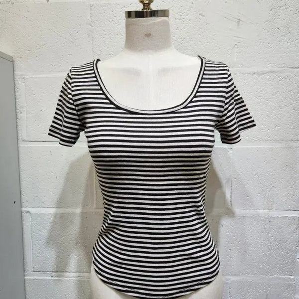[BUNJANG] Round Stripe Short Sleeve T-Shirt - Brown / 밑단u 앞뒤 라운드 스트라이프 반팔- 브라운