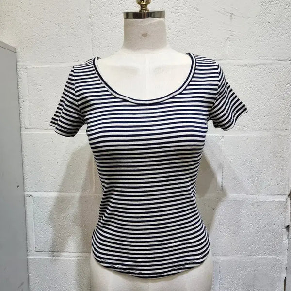 [BUNJANG] Striped Round Hem Short Sleeve T-Shirt - Navy / 밑단u 앞뒤 라운드 스트라이프 반팔- 네이비