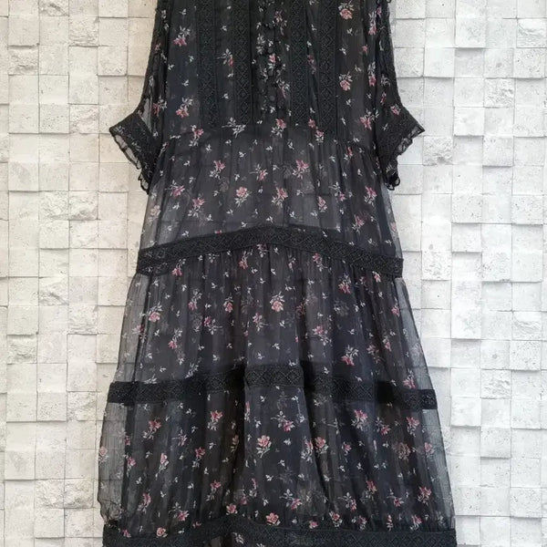 [BUNJANG] Black Embroidered Lace See-through Chiffon Long Dress / 블랙 자수레이스 시스루 쉬폰롱원피스