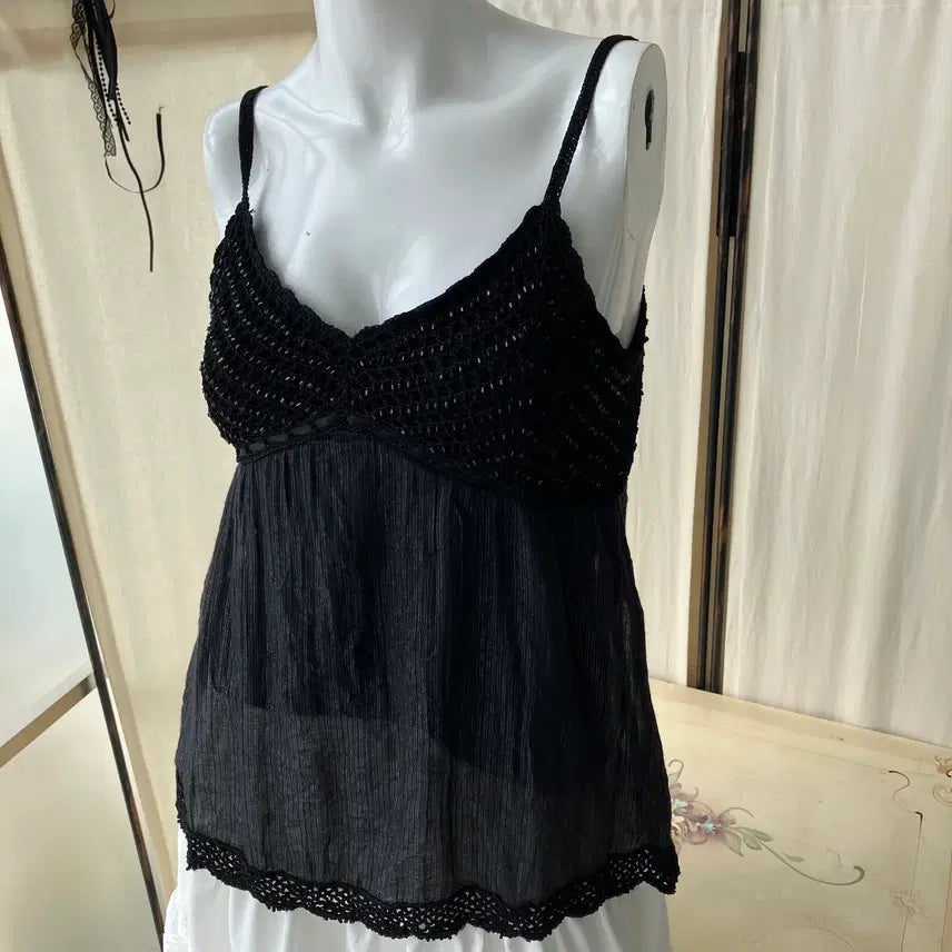 [BUNJANG] Vintage Black Lace Beaded Sleeveless Top / black lace beads sleeveless