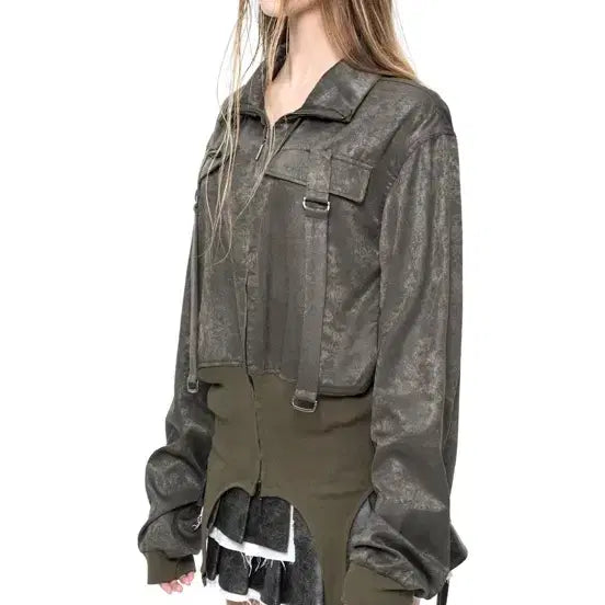 [BUNJANG] Yeel Glossy Belt High Neck Zip-Up Khaki / Yeel GLOSSY BELT HIGH NECK ZIP-UP KHAKI