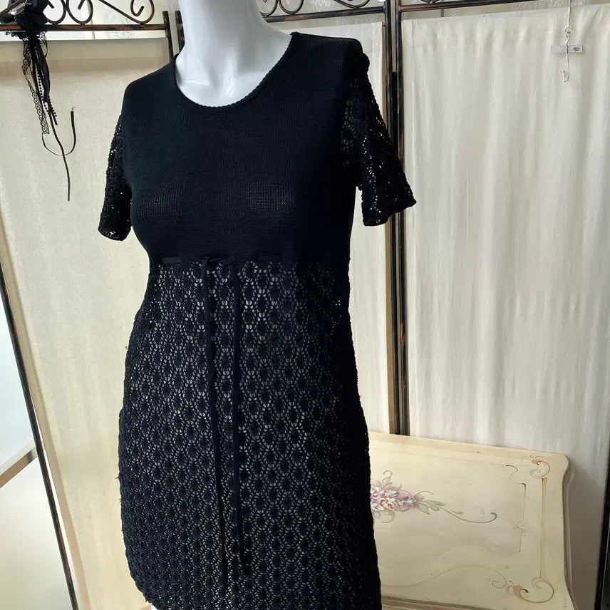 [BUNJANG] Black See-Through Knit Ribbon Dress Mori Girl Japanese Vintage / 블랙 시스루 니트 리본 원피스 1371 모리걸 일본빈티지