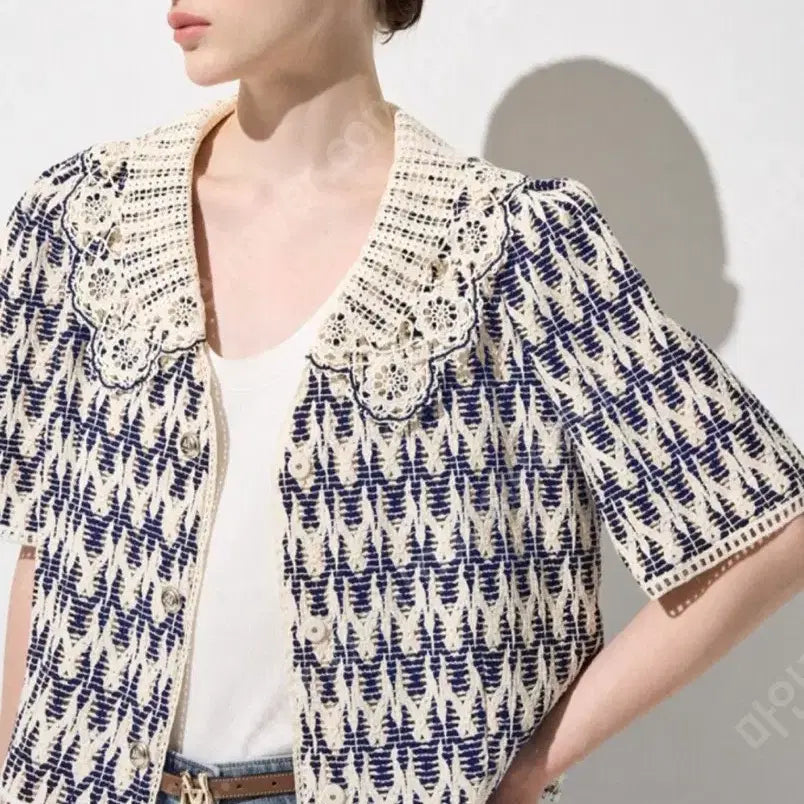 [BUNJANG] Mine 24 Knit Cardigan Jacket Navy Lace Collar / 한섬 24 MINE 마인 니트 가디건 자켓 (타임 랑방 오브제)