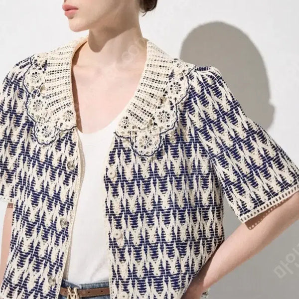 [BUNJANG] Mine 24 Knit Cardigan Jacket Navy Lace Collar / 한섬 24 MINE 마인 니트 가디건 자켓 (타임 랑방 오브제)