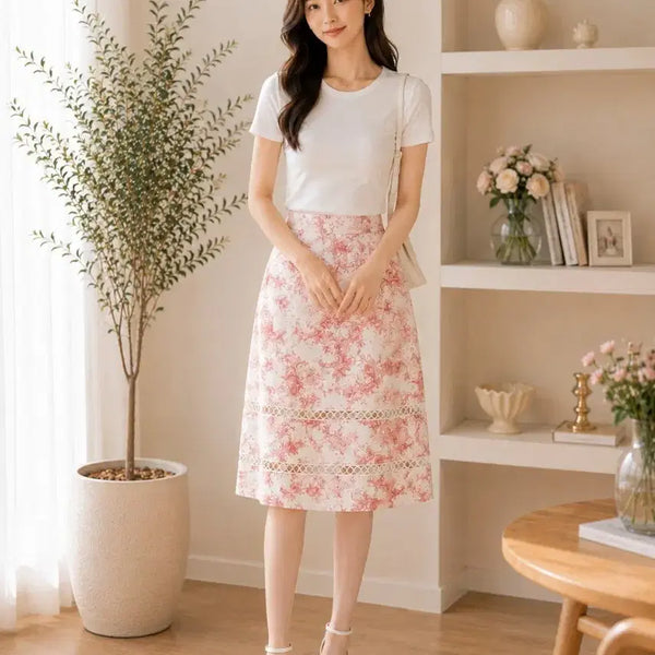 [BUNJANG] Women's Floral Print Midi Skirt / 여성 스커트 핑크 꽃무늬