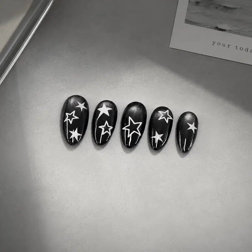 [BUNJANG] Handmade Black Magnetic Gel Nail Tips with White Stars / 블랙 수제 네일팁