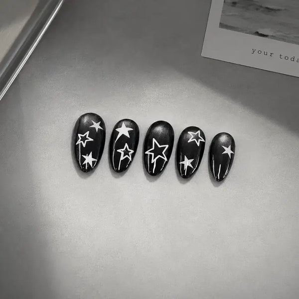 [BUNJANG] Handmade Black Magnetic Gel Nail Tips with White Stars / 블랙 수제 네일팁