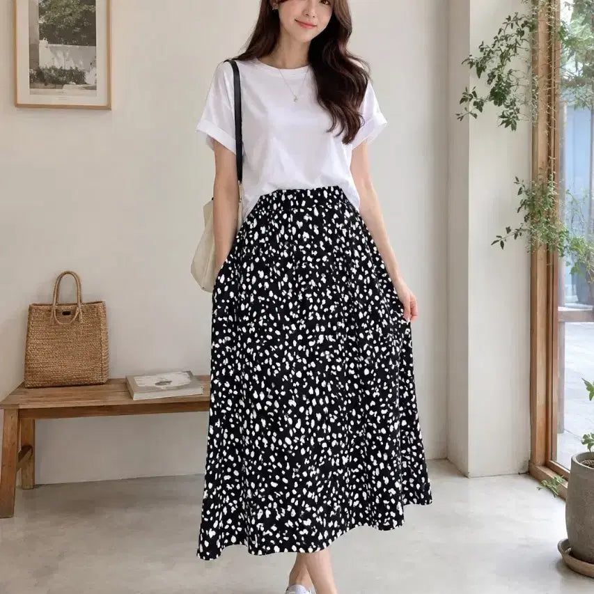 [BUNJANG] Black White Pattern Long Skirt / 블랙 화이트 패턴 롱 스커트