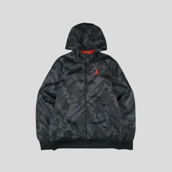 [BUNJANG] Nike Air Jordan Ripstop Hooded Windbreaker Jacket / 나이키 에어조던 블랙 그레이 레드 배색 기하학패턴 점프맨로고 립스탑 이너메쉬 후드 바람막이 S