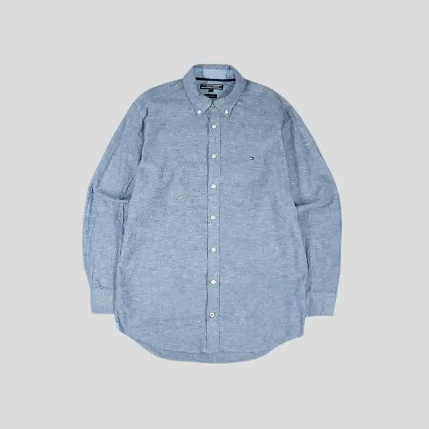 [BUNJANG] Tommy Hilfiger Sky Blue Small Logo Button-Down Linen Blend Shirt (M) / 타미힐피거 스카이블루 스몰로고 버튼다운 린넨블렌드 남방 셔츠 M