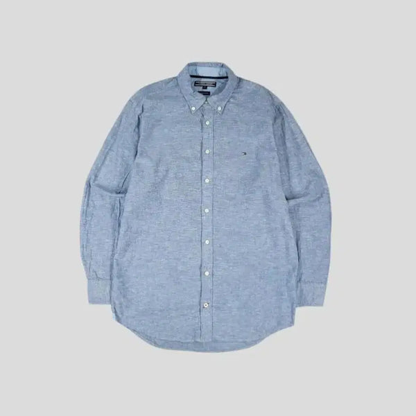 [BUNJANG] Tommy Hilfiger Sky Blue Small Logo Button-Down Linen Blend Shirt (M) / 타미힐피거 스카이블루 스몰로고 버튼다운 린넨블렌드 남방 셔츠 M