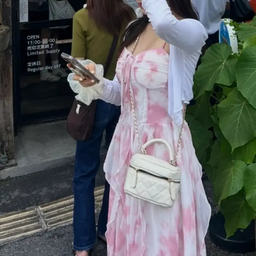 [BUNJANG] Chiffon Pink Pattern Long Dress / [호캉스,휴양지]쉬폰 핑크패턴 롱 원피스 s