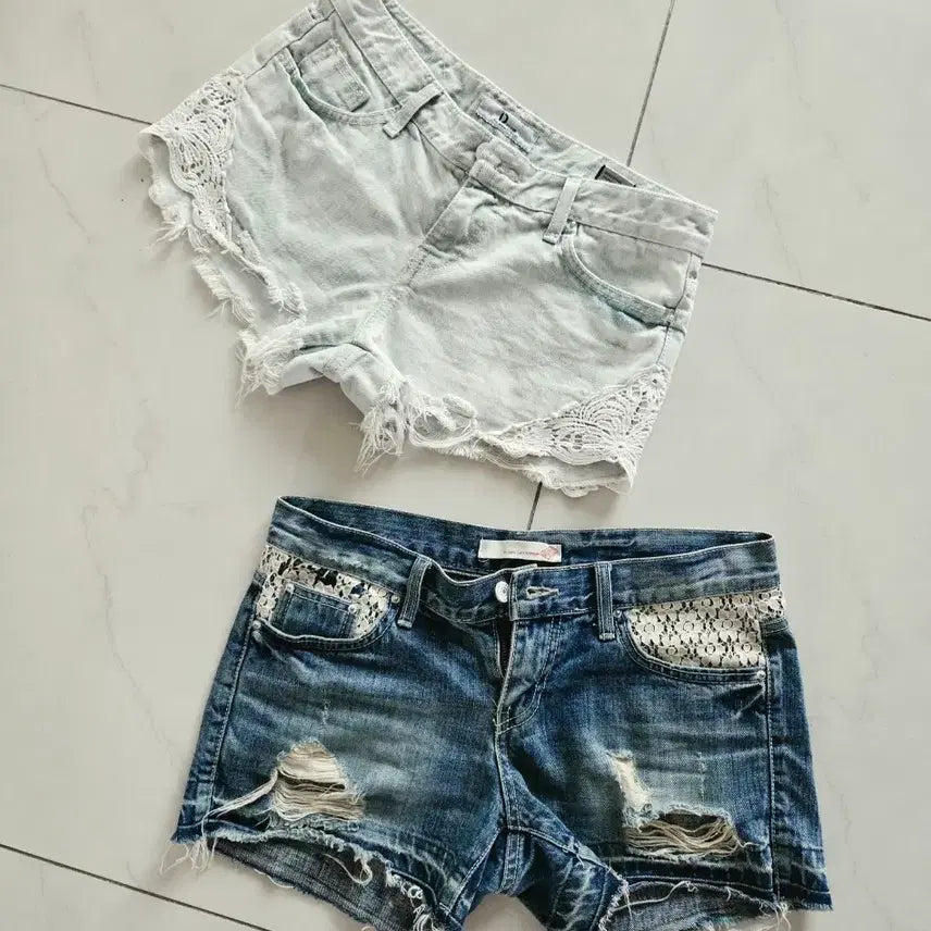 [BUNJANG] Women's Lace Trimmed Denim Shorts Set / 여성 레이스 장식 반바지 데님 팬츠 세트