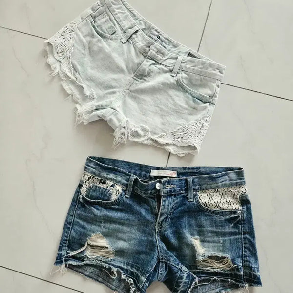 [BUNJANG] Women's Lace Trimmed Denim Shorts Set / 여성 레이스 장식 반바지 데님 팬츠 세트