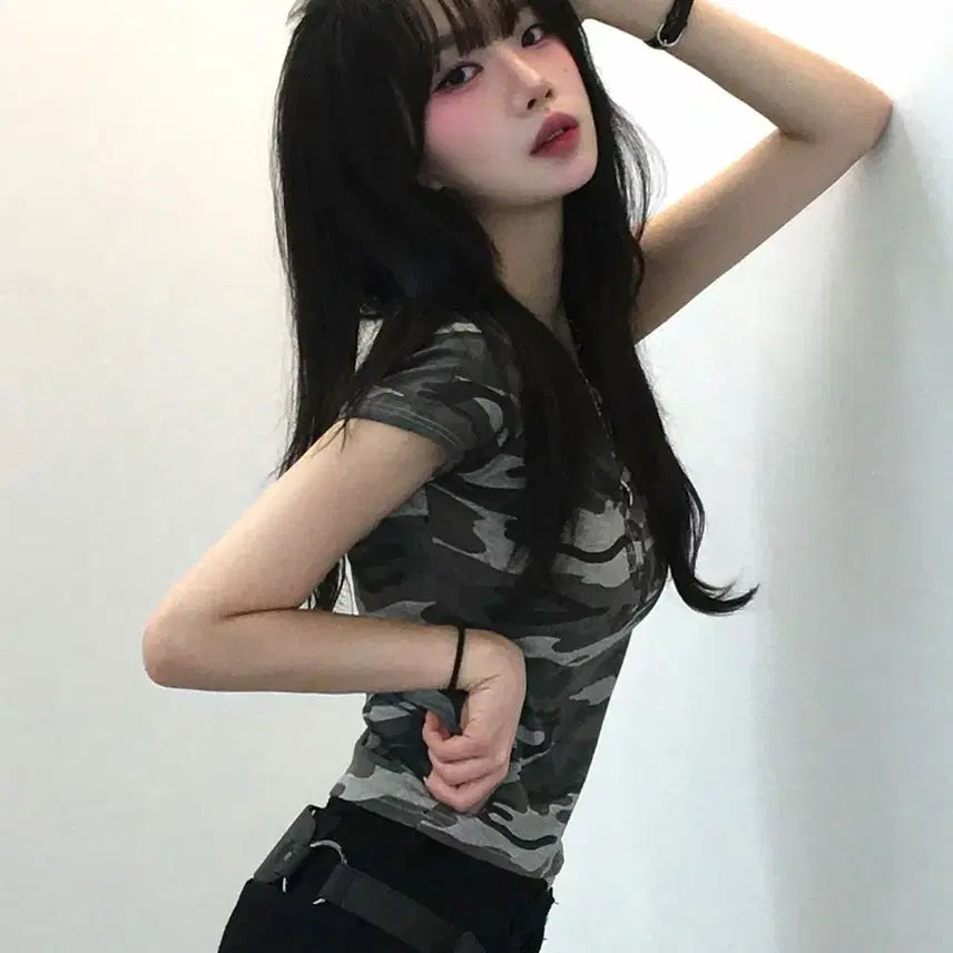 [BUNJANG] Chicks Camouflage Short Sleeve T-Shirt / 칙스 카모플라쥬 반팔 티셔츠