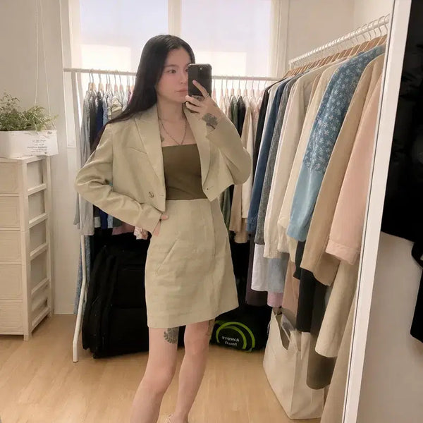 [BUNJANG] ZARA Linen Blend High-Waist Set-up Jacket & Skirt (XS) / ZARA 자라 린넨 블렌드 하이웨이스트 셋업 XS 베이지