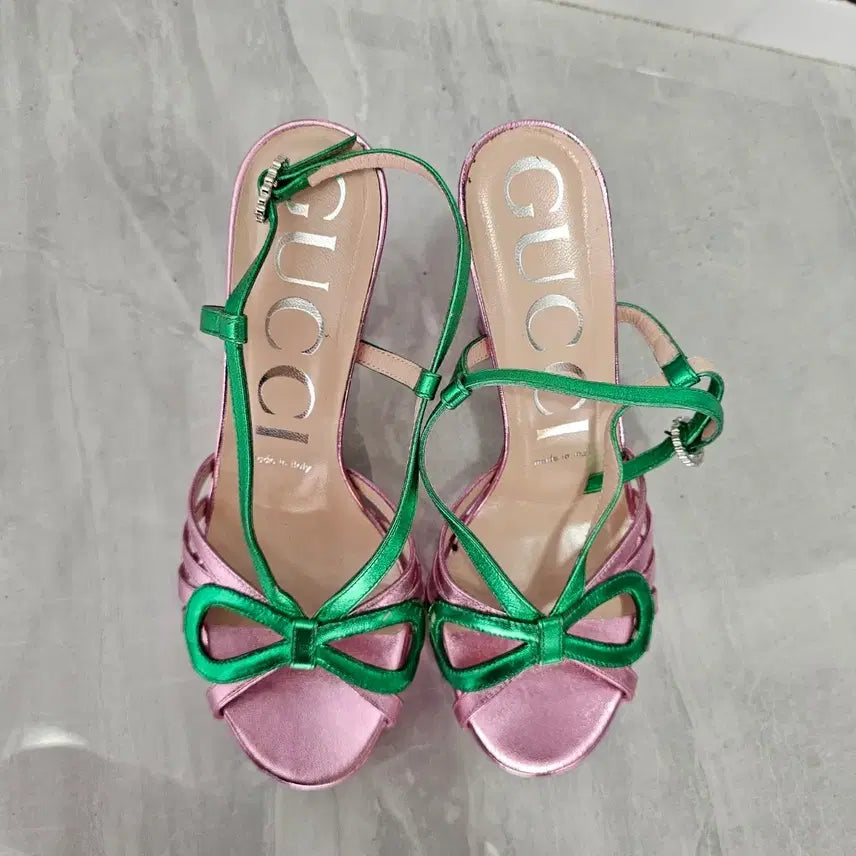 [BUNJANG] Gucci Metallic Leather Ribbon Cut-Out Strap Sandals Rosa Pink / 구찌 메탈릭 레더 리본 컷아웃 스트랩 샌들 로사핑크