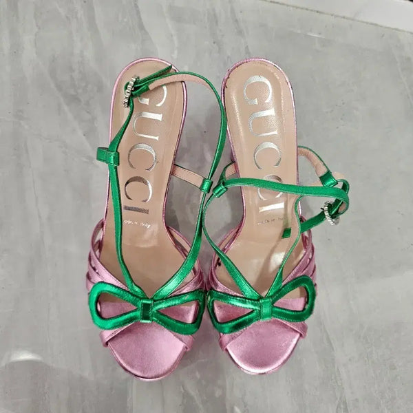 [BUNJANG] Gucci Metallic Leather Ribbon Cut-Out Strap Sandals Rosa Pink / 구찌 메탈릭 레더 리본 컷아웃 스트랩 샌들 로사핑크