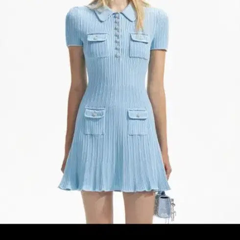 [BUNJANG] Pearl Button Glitter Knit Mini Dress S / 진주 단추 하늘색 글리터 니트 원피스 S