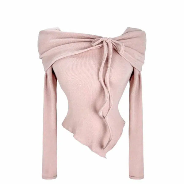 [BUNJANG] Off-Shoulder Ribbon Knit Pink / 오프숄더 리본 니트 핑크 에이블리