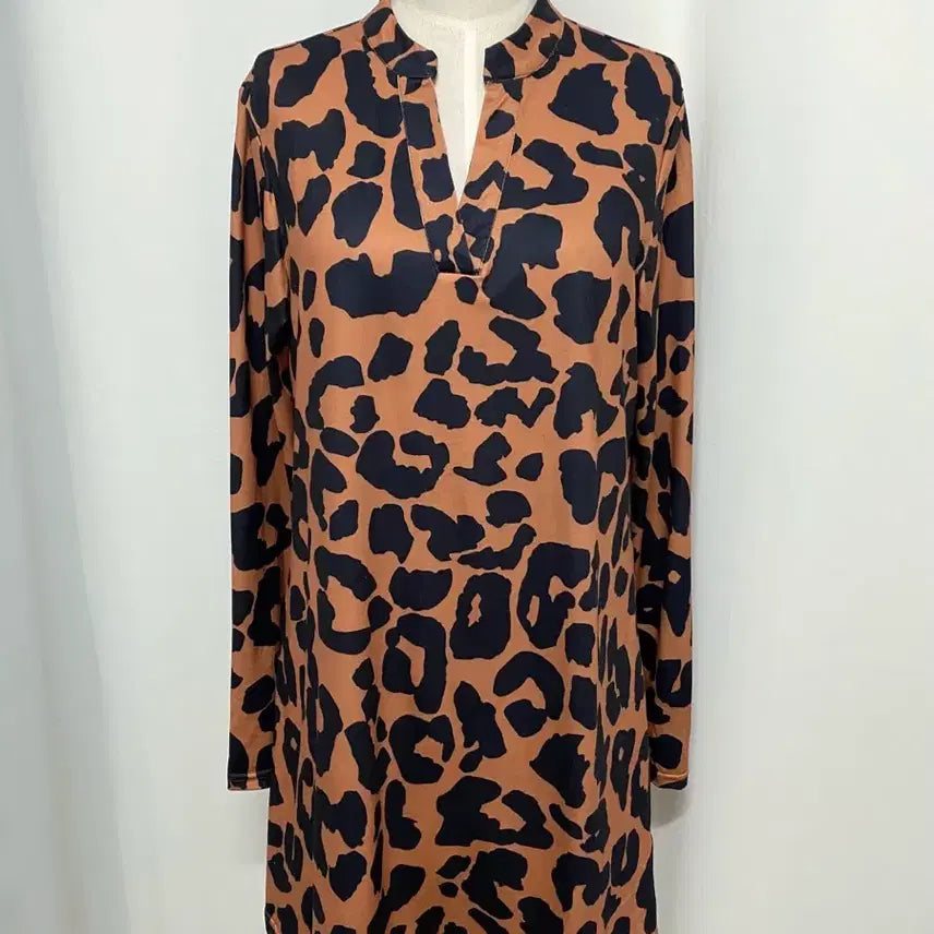 [BUNJANG] Brown Leopard Print Henry Neck Shirt Dress M (66) / 새상품 / 브라운 호피 헨리넥 셔츠 원피스 66사이즈 가을원피스 셔츠원피스 호피원피스